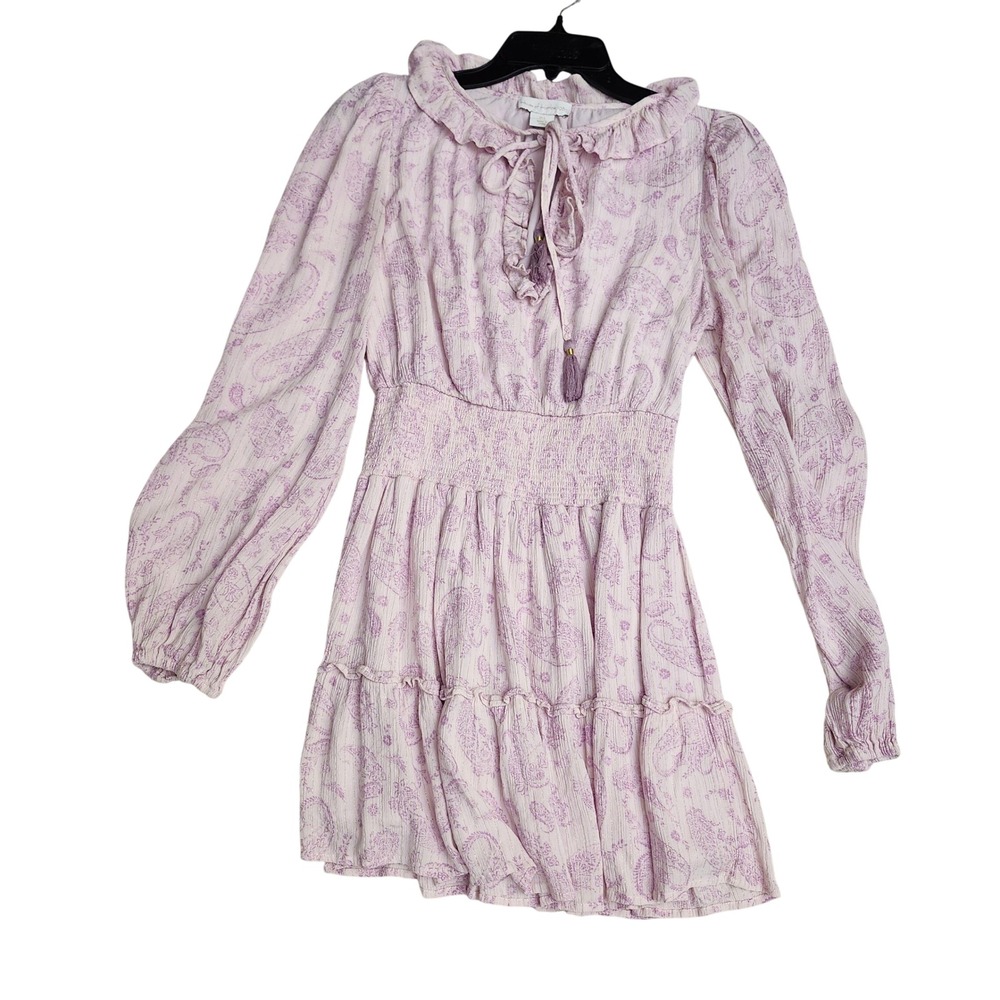 House‎ of Harlow 1960 Lavender Paisley Smocked Mini Dress Gold Metallic Small